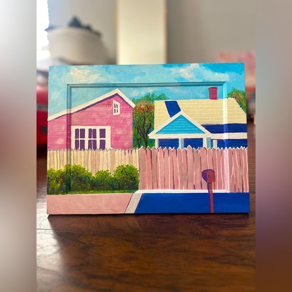 Acrylic Hand-Painted Suburban Neighborhood Art – 3D House Scene on Wood Frame - Picture 5 of 7